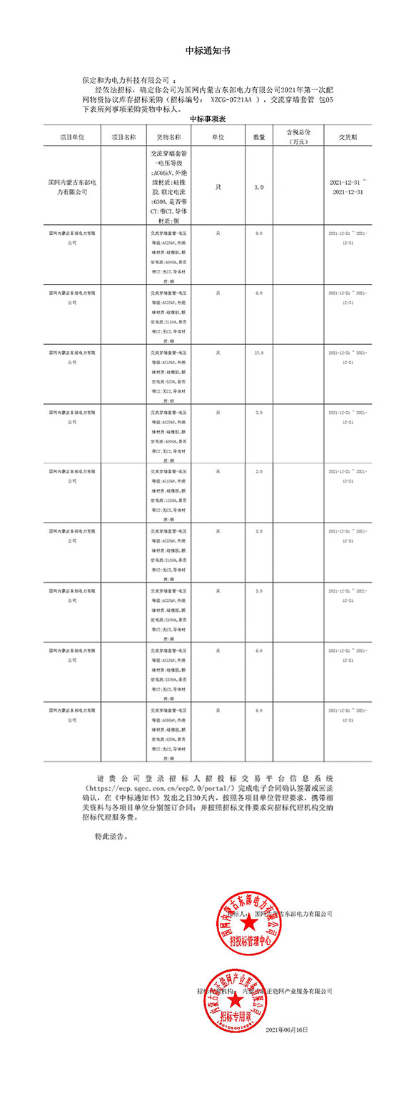 国网内蒙古省电力交流穿墙套管中标项目